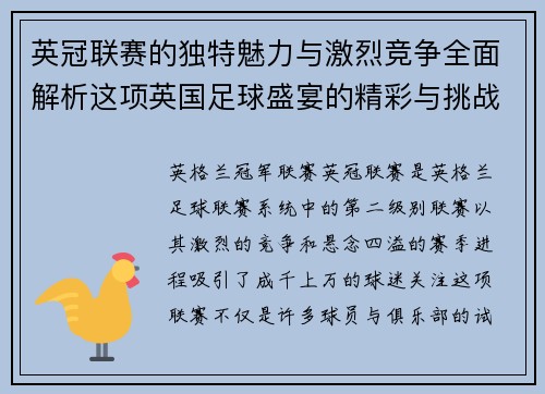 英冠联赛的独特魅力与激烈竞争全面解析这项英国足球盛宴的精彩与挑战
